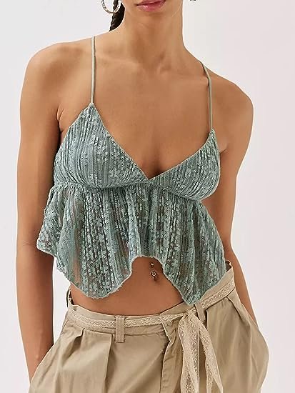 Women Backless Crop Top Spaghetti Straps Halter Tie Back Cami Tops