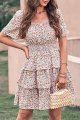 Women's Floral Summer Short Dress Square Neck Short Sleeve Tiered Ruffle Boho Swing Dresses