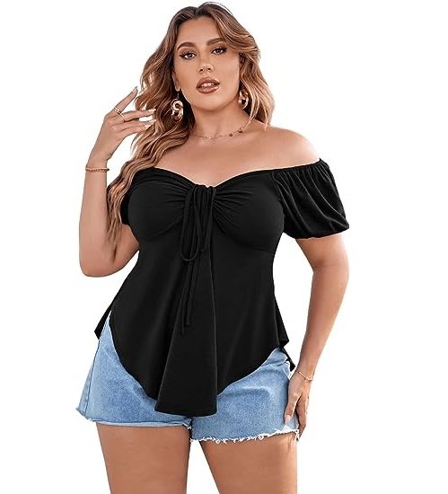 Women's Plus Size Off Shoulder Tie Front Short Sleeve Curved Hem T Shirt Tops