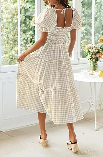 Women's Bohemian Summer Plaid Square Neck Puff Sleeve Ruffle Midi Dress
