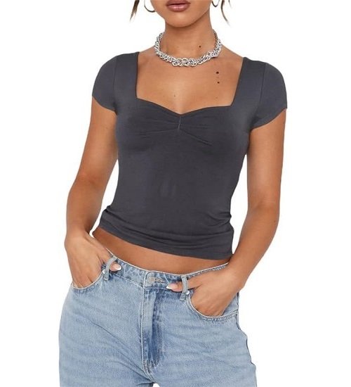 Women's Summer Short Sleeve T-Shirt Square Neck Outgoing Crop Tops Slim Fit Clothes