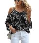 Women‘s Summer Cold Shoulder Tops Mesh Panel 3/4 Bell Sleeve Tees Adjustable Spaghetti Strap Loose Fit Shirts