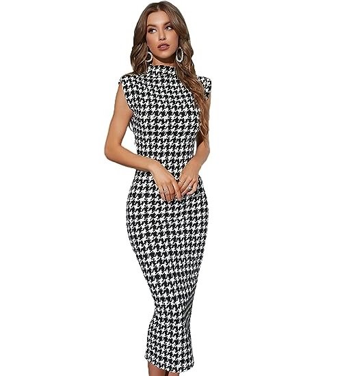 Women's Houndstooth Mock Neck Sleeveless Shoulder Pads Bodycon Dress