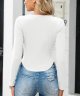 Womens Long Sleeve Shirts V Neck Crop Tops Button Up Asymmetrical Hem Fitted T-Shirts