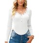 Womens Long Sleeve Shirts V Neck Crop Tops Button Up Asymmetrical Hem Fitted T-Shirts