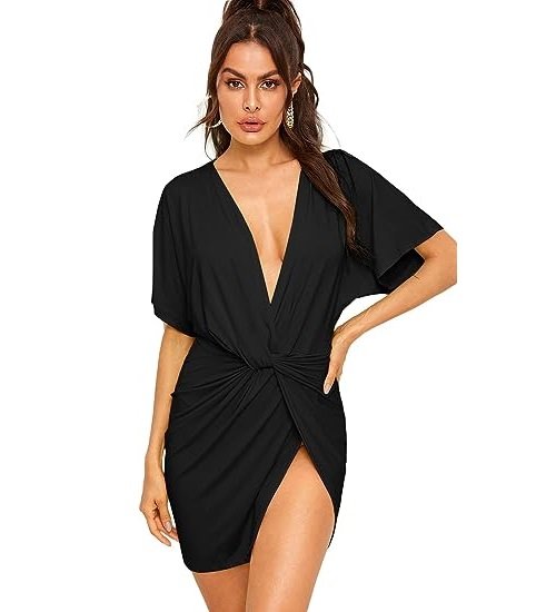 Women's Deep V Neck Twisted High Slit Dress