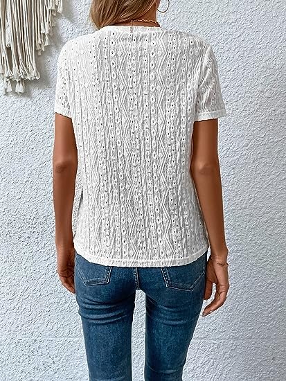 Women's Eyelet Embroidery Short Sleeve Top Shirt Solid Color Crewneck Vintage Casual T-Shirt